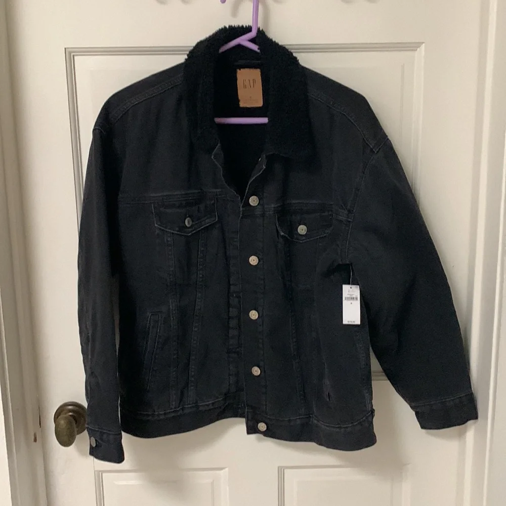 Gap oversized black denim Sherpa jacket size Small - Picture 1 of 11